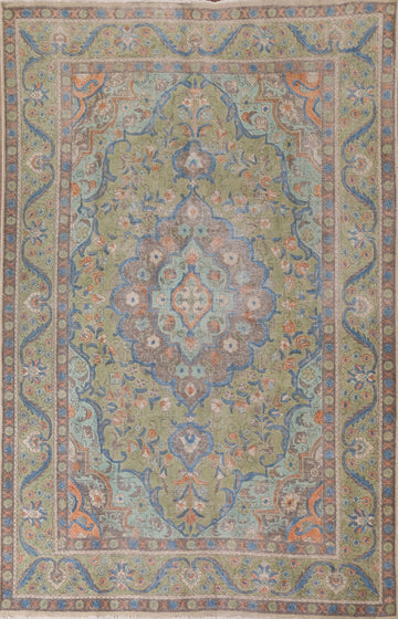 Vintage Green Tabriz Persian Area Rug 7x9