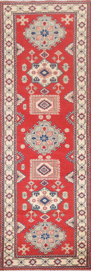 Red Geometric Kazak Oriental Runner Rug 3x9