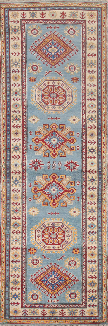Light Blue Kazak Geometric Runner Rug 3x9