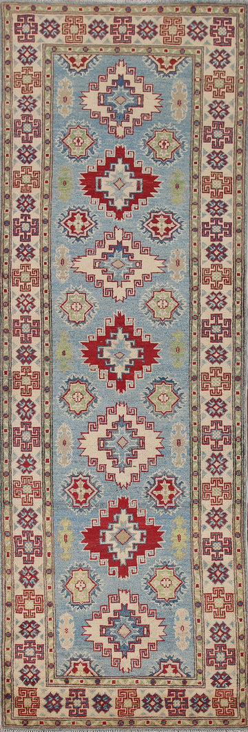 Light Blue Kazak Wool Runner Rug 3x9