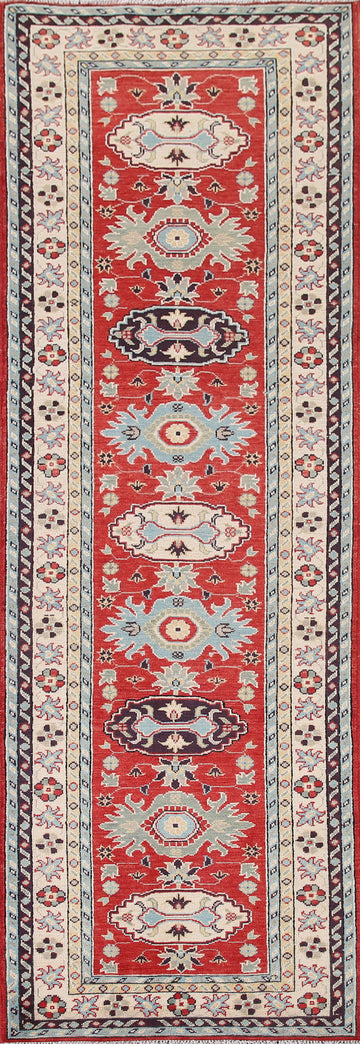 Geometric Red Kazak Wool Runner Rug 3x10