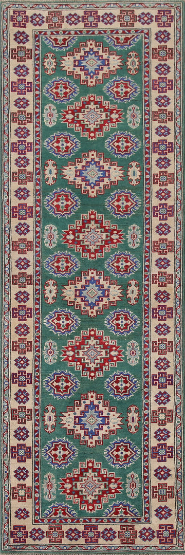 Green Geometric Kazak Wool Runner Rug 3x10