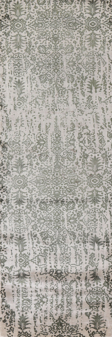 Ivory & Green Abstract Indian Runner Rug 3x12