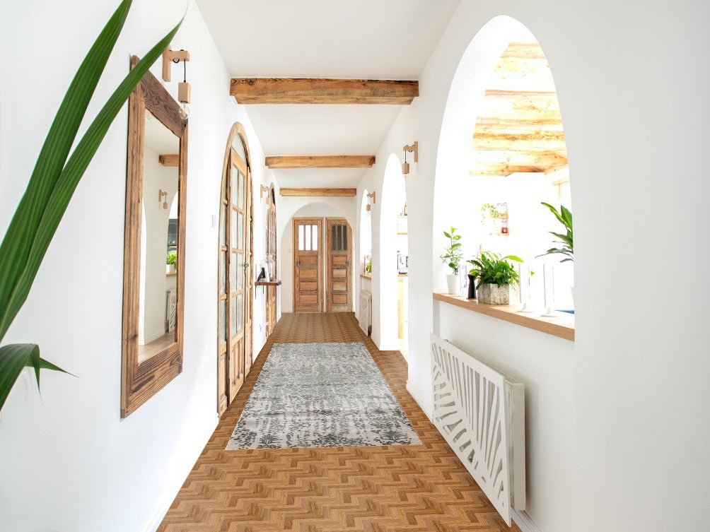 Ivory & Green Abstract Indian Runner Rug 3x12