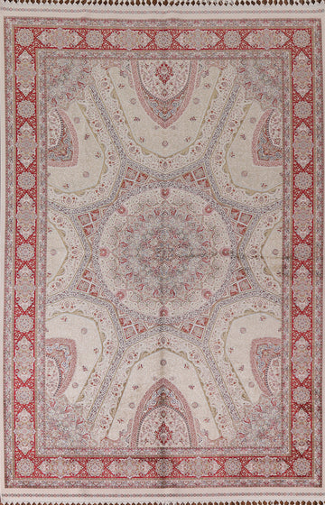 Traditional Ivory Qum Turkish Area Rug 6x10