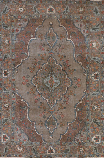 Distressed Brown Wool Tabriz Persian Area Rug 6x9