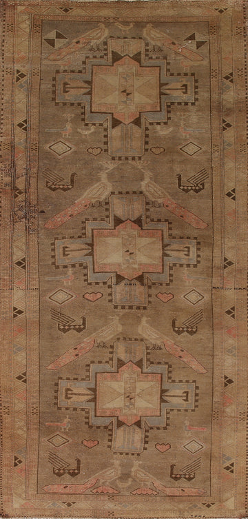 Tribal Animals Brown Ardebil Persian Runner Rug 4x11
