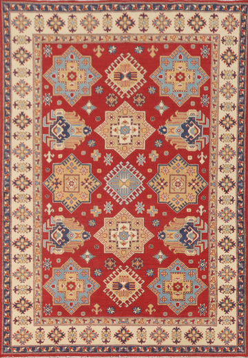 Red Geometric Kazak Oriental Area Rug 6x8