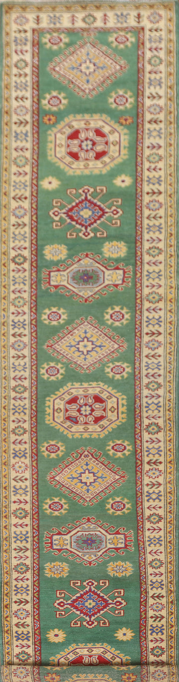 Green Geometric Kazak Oriental Runner Rug 3x16