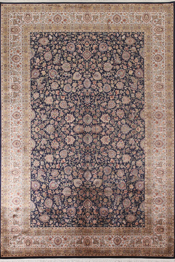 Navy Blue Floral Tabriz Turkish Area Rug 7x10