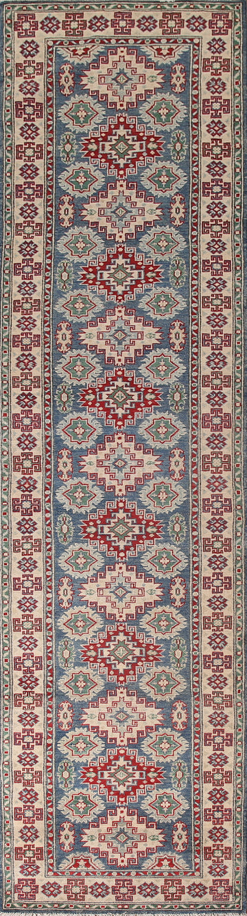 Blue Geometric Kazak Oriental Runner Rug 3x13