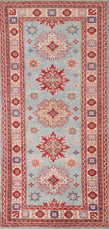 Light Blue Kazak Oriental Runner Rug 3x7