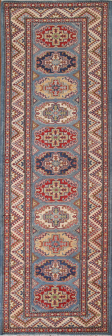 Blue Geometric Kazak Oriental Runner Rug 3x11