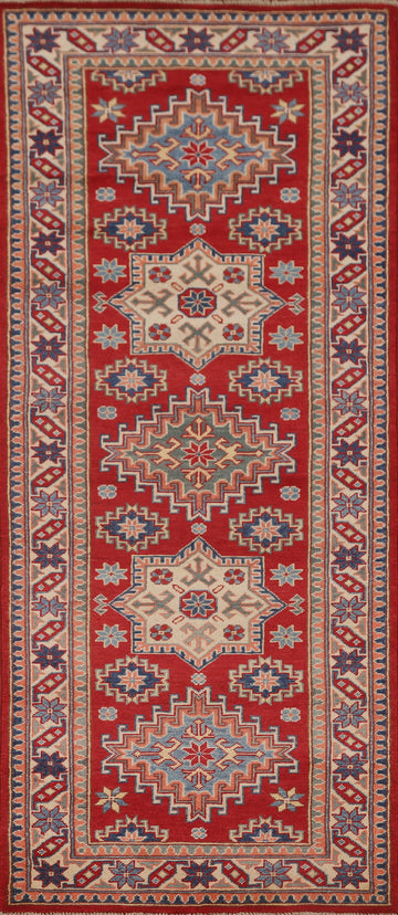 Geometric Red Kazak Oriental Runner Rug 3x8