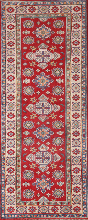 Geometric Red Kazak Oriental Runner Rug 3x8