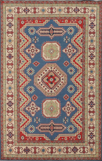 Blue Geometric Kazak Oriental Area Rug 7x10