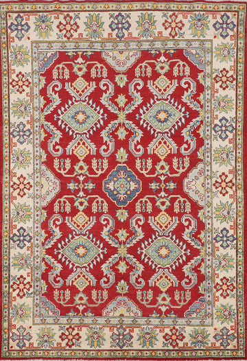 Red Wool Geometric Kazak Oriental Rug 5x7