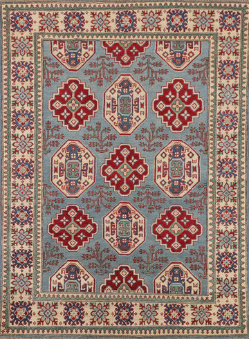Light Blue Geometric Kazak Oriental Rug 5x7