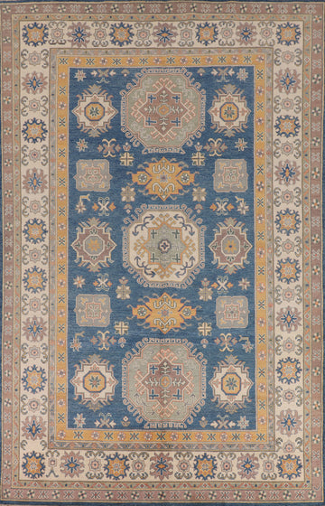 Blue Geometric Kazak Oriental Area Rug 7x10