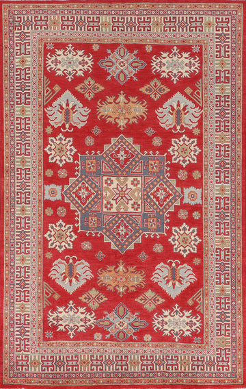 Red Geometric Kazak Oriental Area Rug 6x10