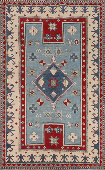Light Blue Geometric Kazak Oriental Area Rug 6x10