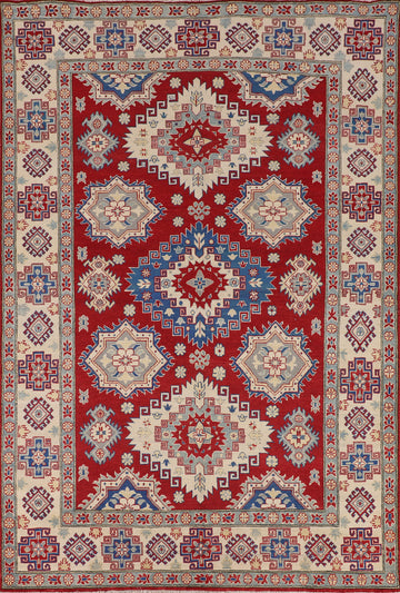 Red Geometric Kazak Oriental Area Rug 7x10