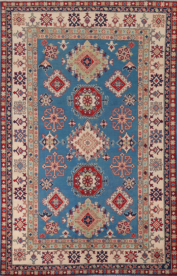 Blue Geometric Kazak Oriental Area Rug 7x10