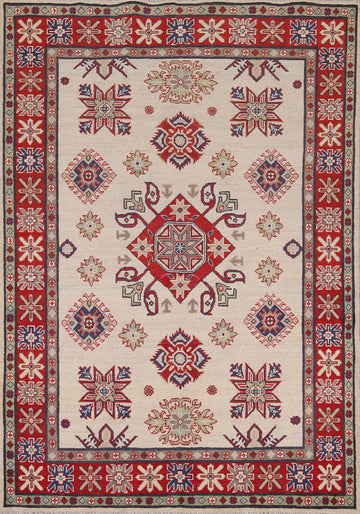 Ivory Wool Geometric Kazak Oriental Rug 5x7