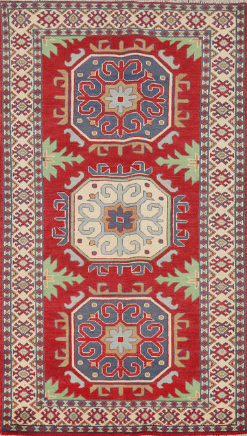Geometric Red Kazak Oriental Runner Rug 3x7
