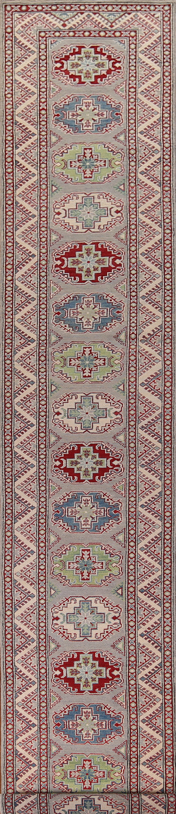 Gray Geometric Kazak Oriental Runner Rug 3x20
