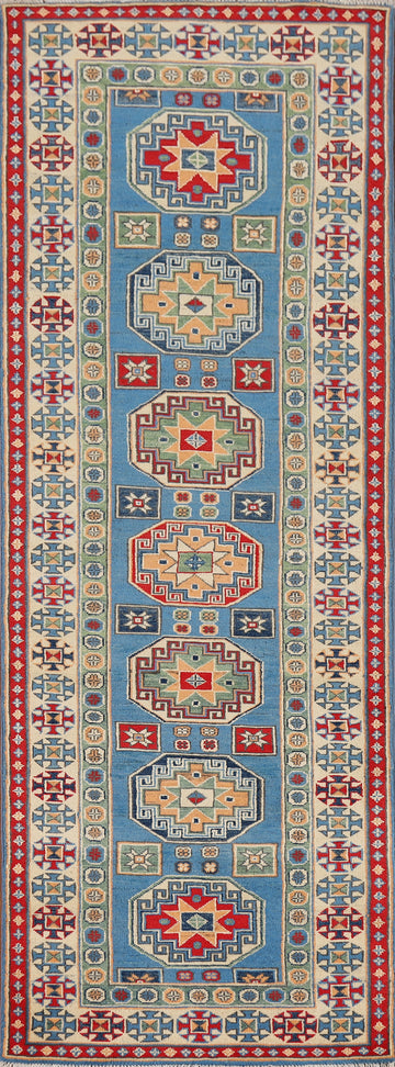 Blue Handmade Kazak Wool Runner Rug 3x10