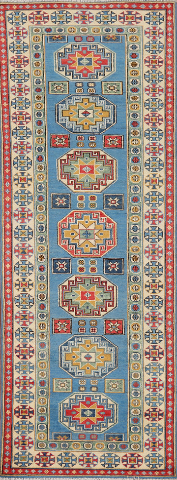 Handmade Blue Kazak Wool Runner Rug 3x9