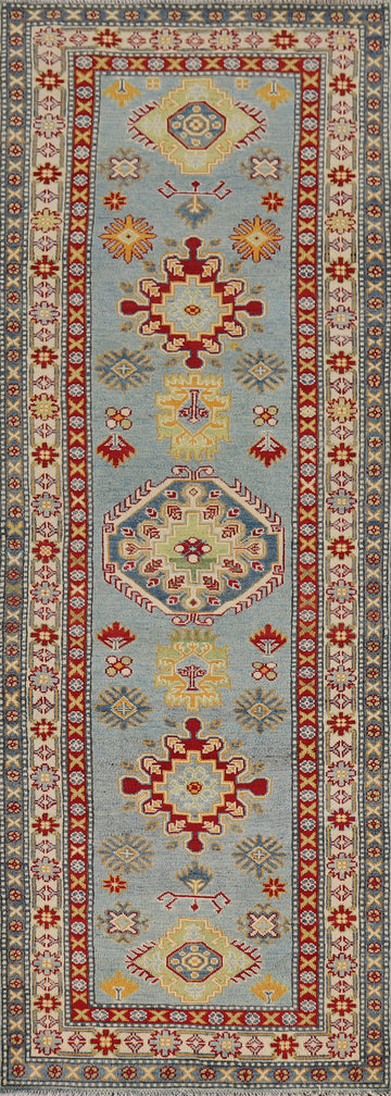Light Blue Handmade Kazak Wool Runner Rug 3x10