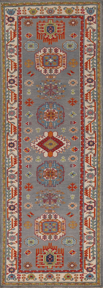 Gray Geometric Kazak Oriental Runner Rug 3x10