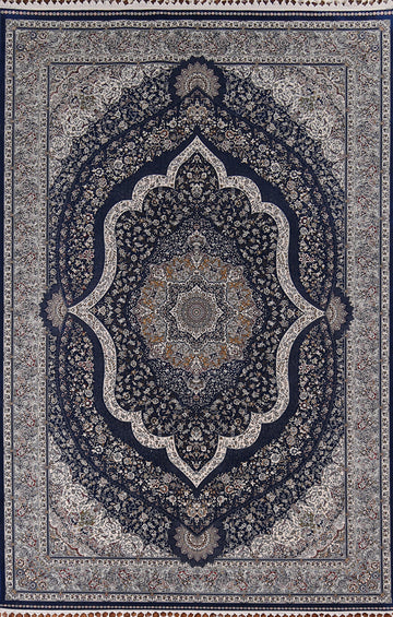Traditional Blue Silk Qum Turkish Area Rug 7x10