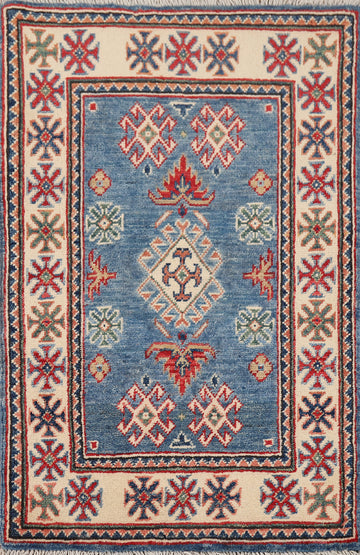 Blue Geometric Kazak Wool Foyer Rug 2x3