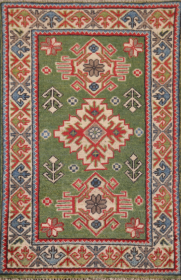 Green Geometric Kazak Oriental Accent Rug 2x3