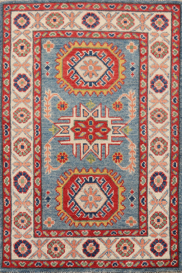 Light Blue Geometric Kazak Accent Rug 2x3