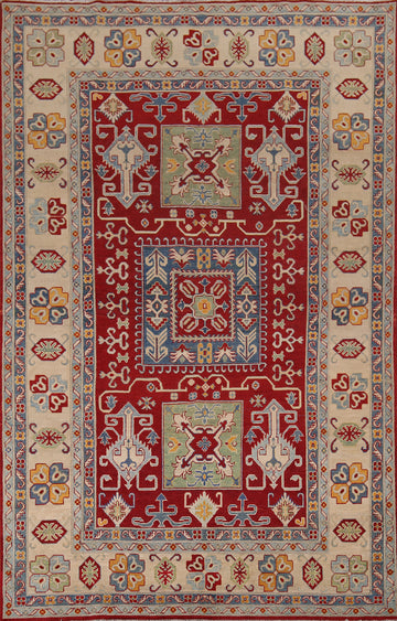 Geometric Red Kazak Living Room Area Rug 7x10