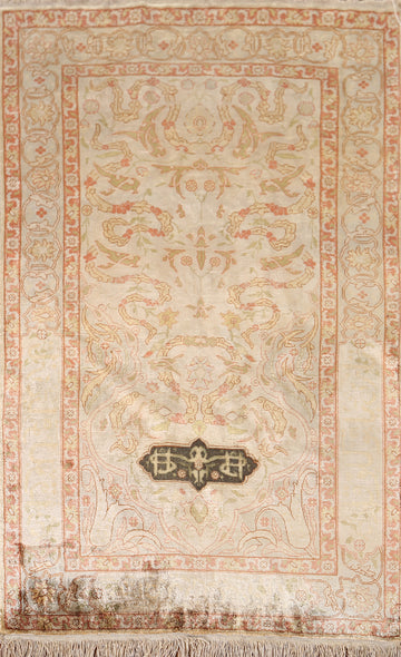 Pre-1900 Antique Silk Hereke Vegetable Dye Turkish Rug 2x4