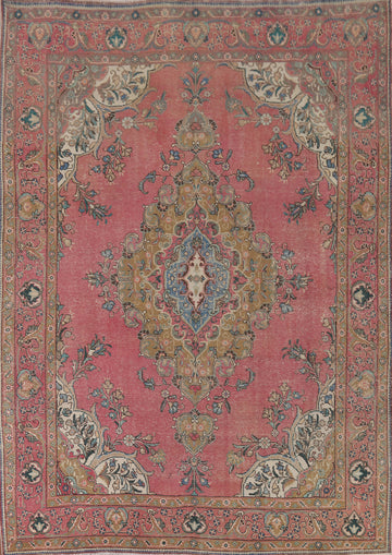 Vintage Wool Pink Tabriz Persian Area Rug 8x11