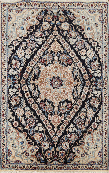 Dark Navy Blue Floral Nain Persian Accent Rug 3x4