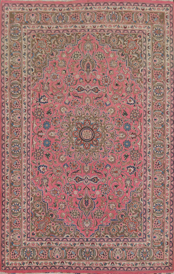 Handmade Pink Floral Mashad Persian Area Rug 6x9