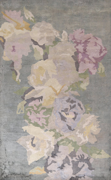 Gray Silver Flowers Silk Oriental Area Rug 5x8