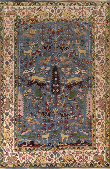 Hunting Animals Blue Ziegler Large Indian Rug 10x14