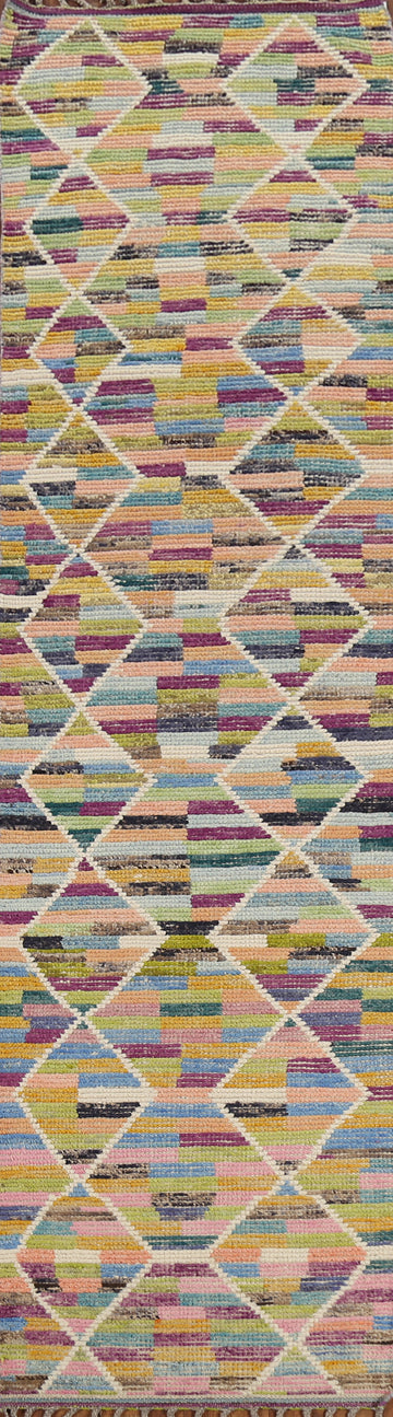 Multicolor Trellis Wool Moroccan Runner Rug 3x13