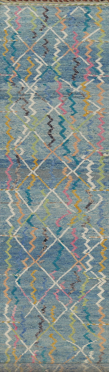 Contemporary Blue Moroccan Runner Rug 3x16