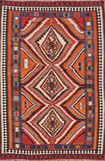 Orange Geometric Kilim Qashqai Vegetable Dye Persian Rug 5x8
