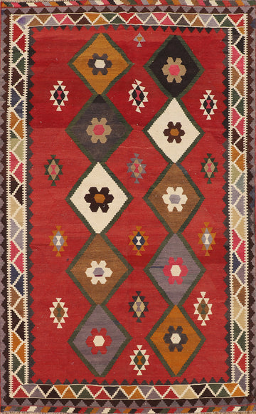 Red Geometric Wool Kilim Qashqai Persian Rug 5x8
