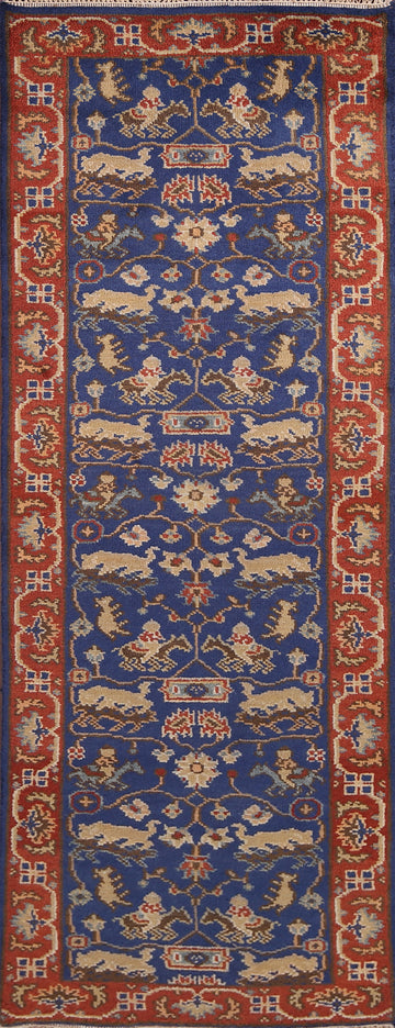 Hunting Design Blue Kazak Oriental Runner Rug 3x8